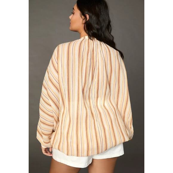 Anthropologie Brown Striped Tie Front Balloon Sleeve Blouse Boho Womens Plus 3x - Picture 4 of 11